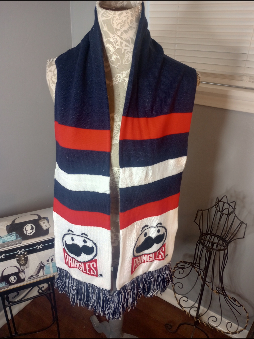 Pringle Navy, Red & White Striped Logo Scarf